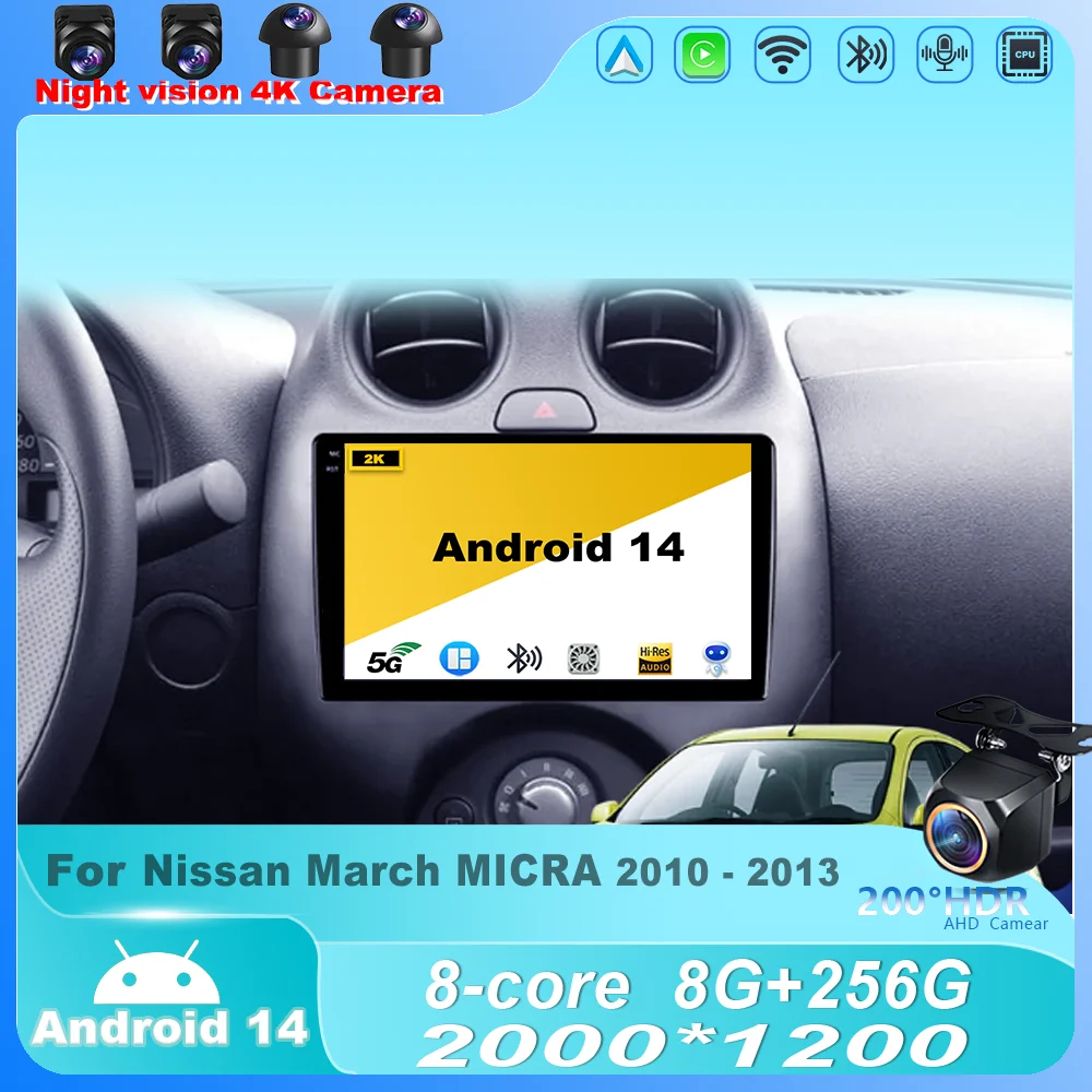 

For Nissan March MICRA 2010 - 2013 Android 14 Car Radio Multimedia Player Navigation GPS Head Unit 4G WIFI QLED Wireless Carplay