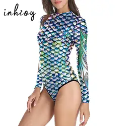 Womens Mermaid Costume 3D Fish Scale Print Long Sleeve Swimsuit Carnival Costume Swimwear Swimming Surfing Bodysuit Jumpsuit