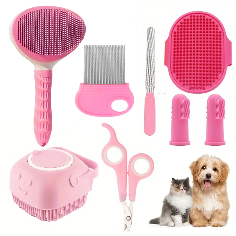 8pcs Cat Grooming Kit With Self-Cleaning Slicker Brush, Nail Clippers, Comb & Dental Care - Cat Brush For Shedding And Grooming