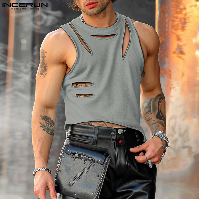 2024 Men T Shirt Solid Color O-neck Short Sleeve Hollow Out Irregular Vests Streetwear Sexy Fashion Summer Men Clothing INCERUN