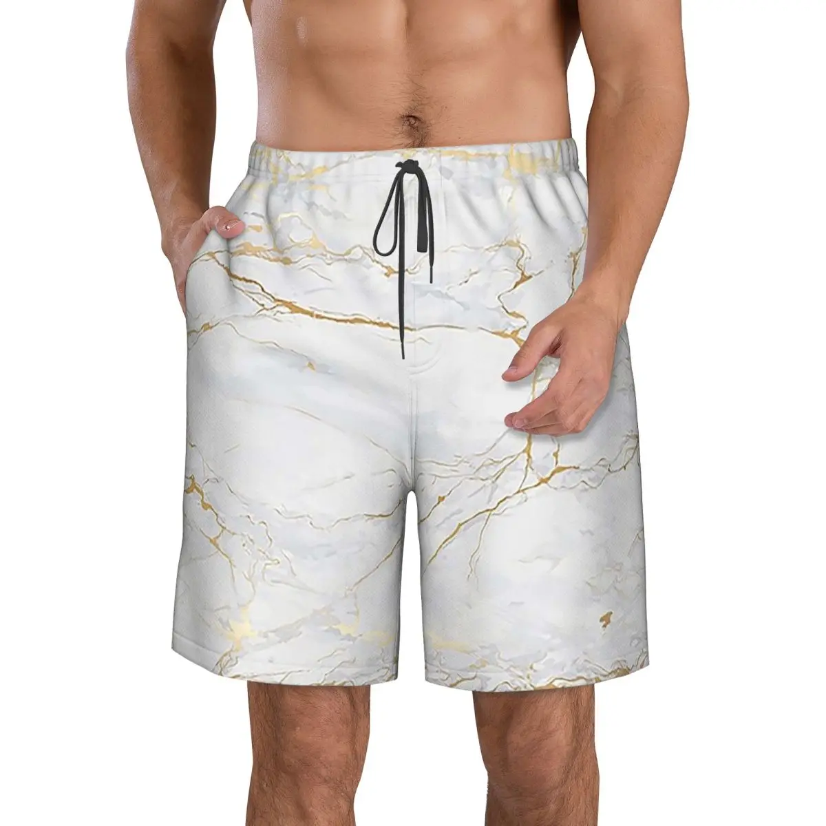 White And Gold Marbl Trunks Beach Board Shorts Casual Quick Dry Swim Summer Men Pants