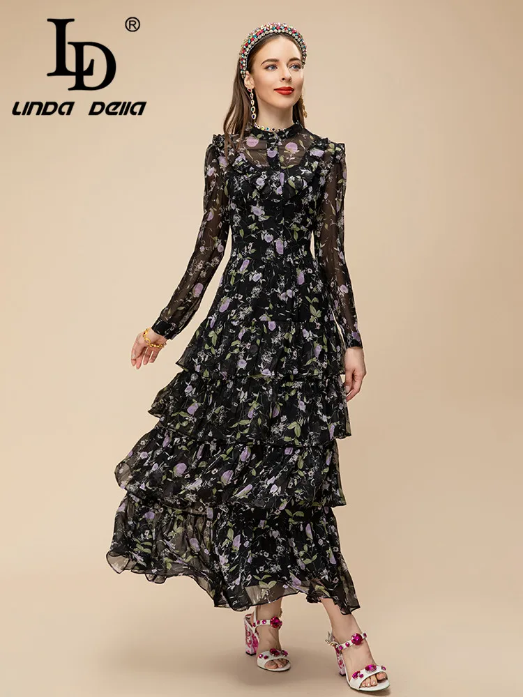 LD LINDA DELLA 2023 Summer Runway Designer Vintage Dress Women\'s Long Sleeve High Waist Cascading Ruffle Splice Chiffon Dress