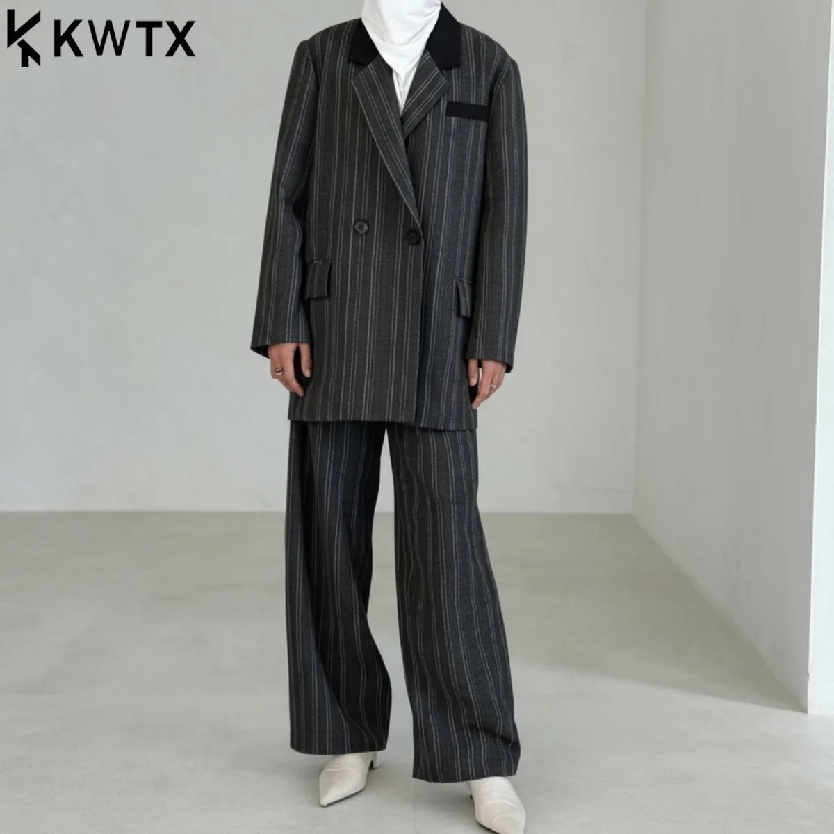 

KWTX женский брючный комплект из 2 предметов, цветной полосатый двубортный пиджак, широкие брюки, костюм, новинка 2025, роскошный офисный осенний костюм