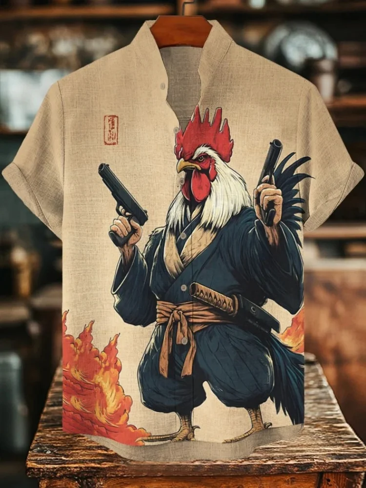 Men's Japanese Chicken Samurai Holding Guns Print Short Sleeve Shirt Funny Special Stand Collar Beach Man Clothes Holiday 2025
