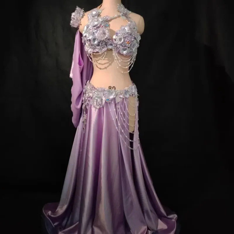 

Индивидуальный костюм для танца живота, одежда для соревнований, бюстгальтер, юбка с большим рыбьим хвостом, цветочная фея, полная бриллиантов и вспышек