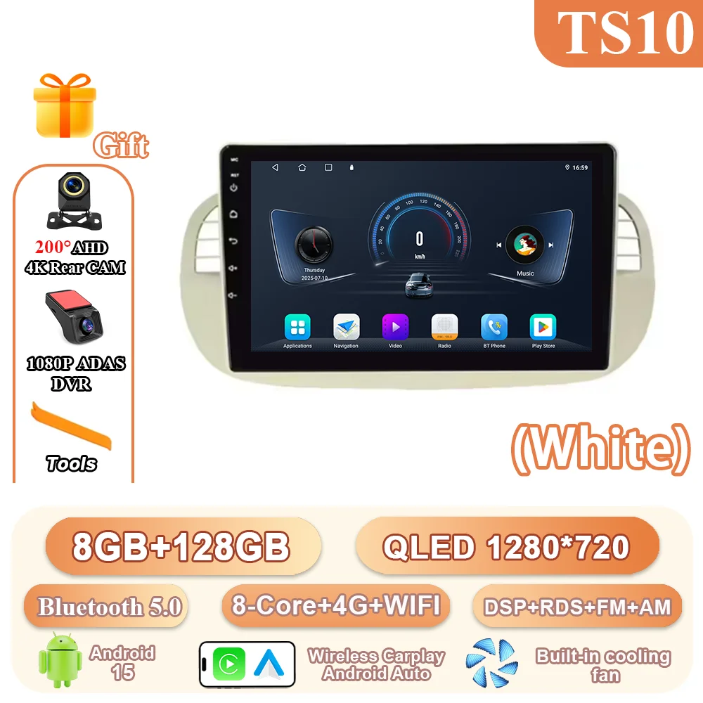 9 ''Android 15 Autoradio Stereo Voor Fiat 500 2007-2015 Auto GPS Navigatie Stuurbediening Multimedia Carplay 4G + WIFI
