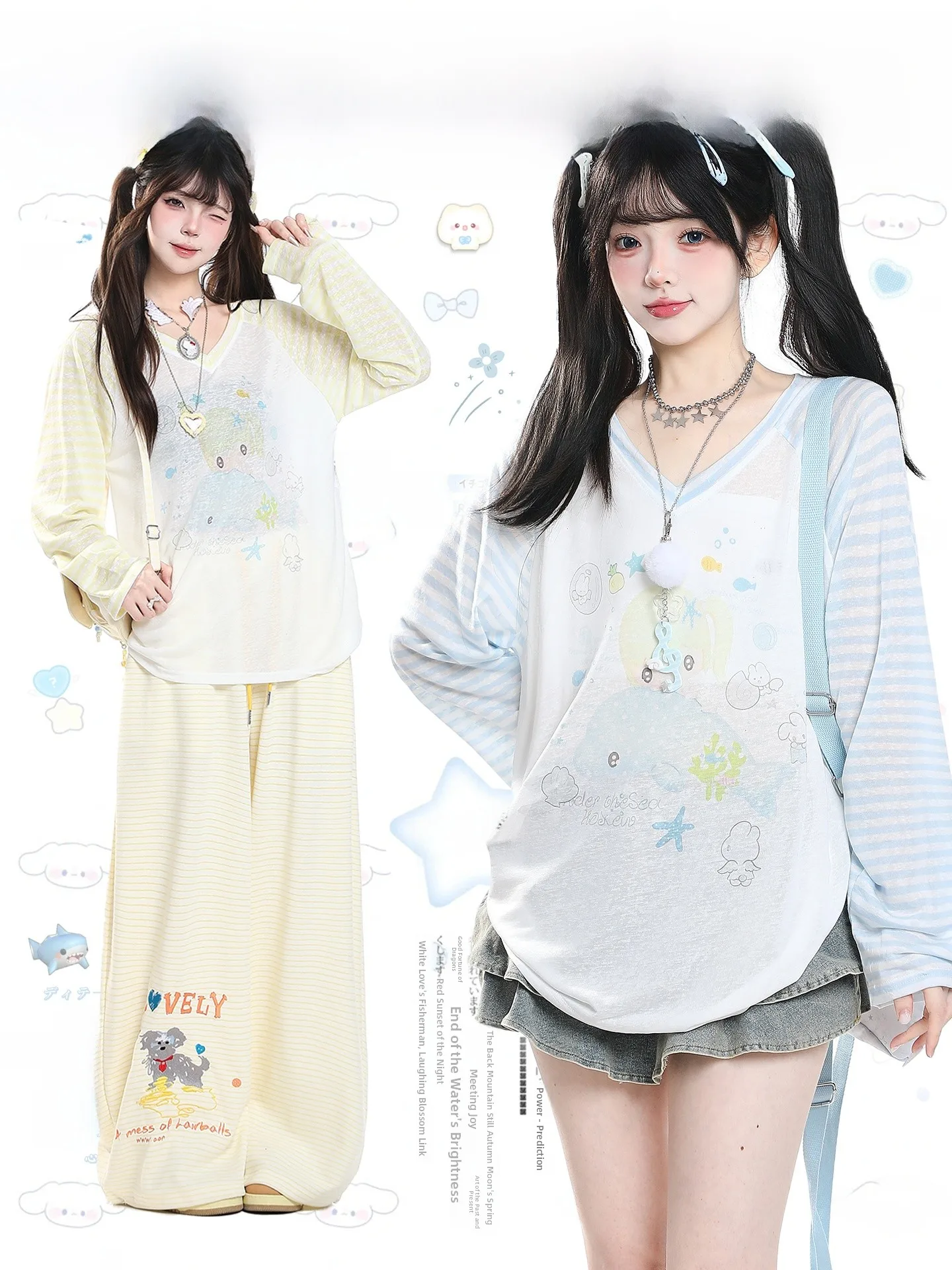 Cute Cartoon Print Striped V-Neck Long Sleeve T-Shirt Women Summer Color Block Loose Casual Design Cover up Top