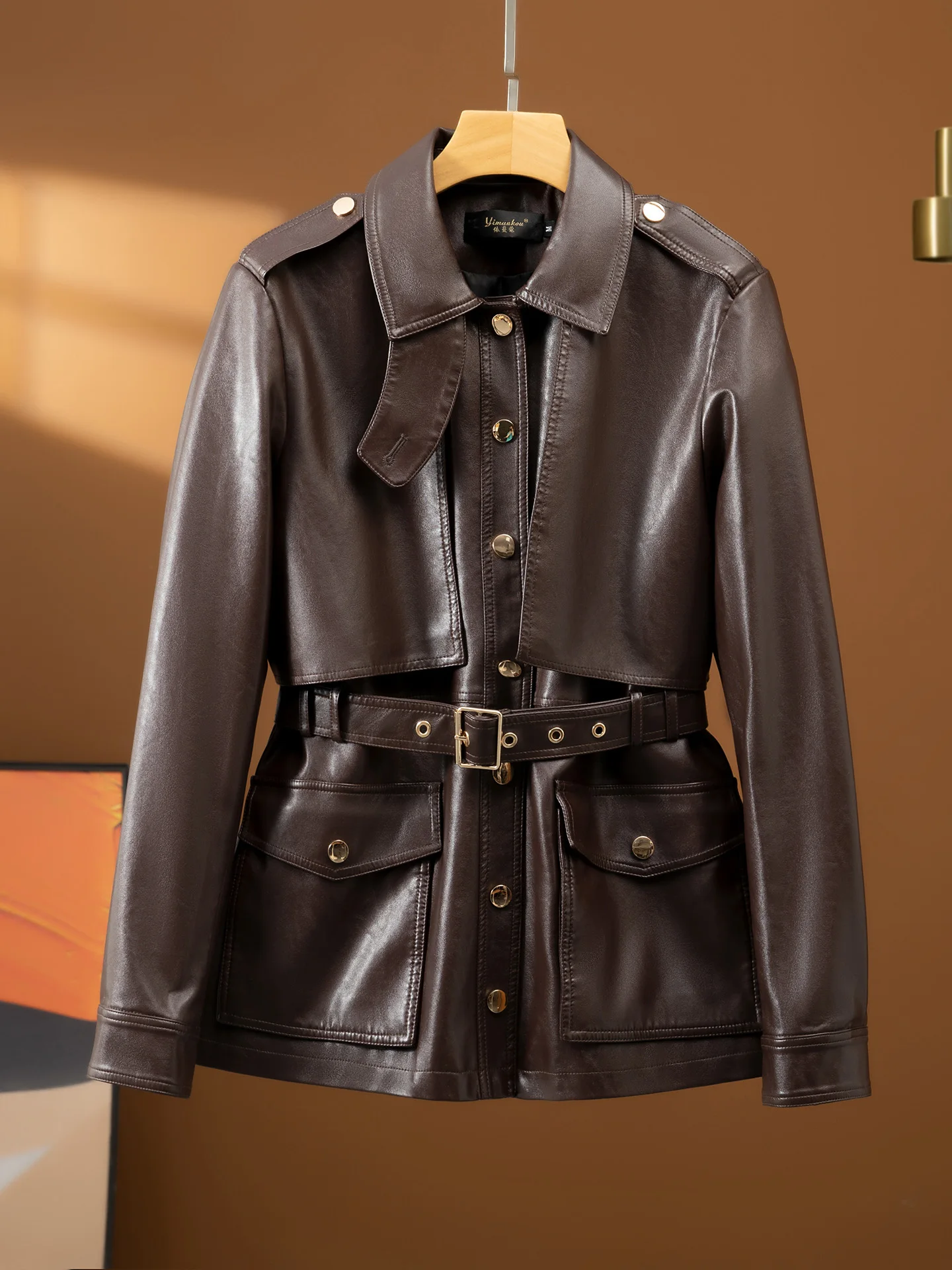 

High-End Haifeng Real Leather Jaet Women's Belted ort Sle Spring Autumn Elegance eepskin Retro New Outerwear