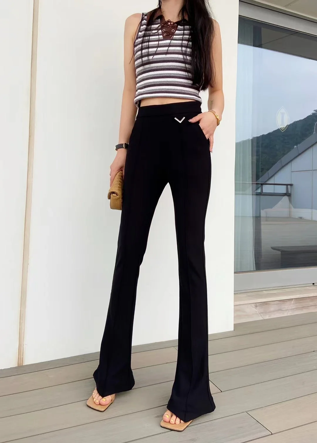 2023 Spring Autumn 90s Horseshoe Pants Female Elastic High Waist Vintage Skinny Dragging Pants Casual Flare Trousers Streetwear