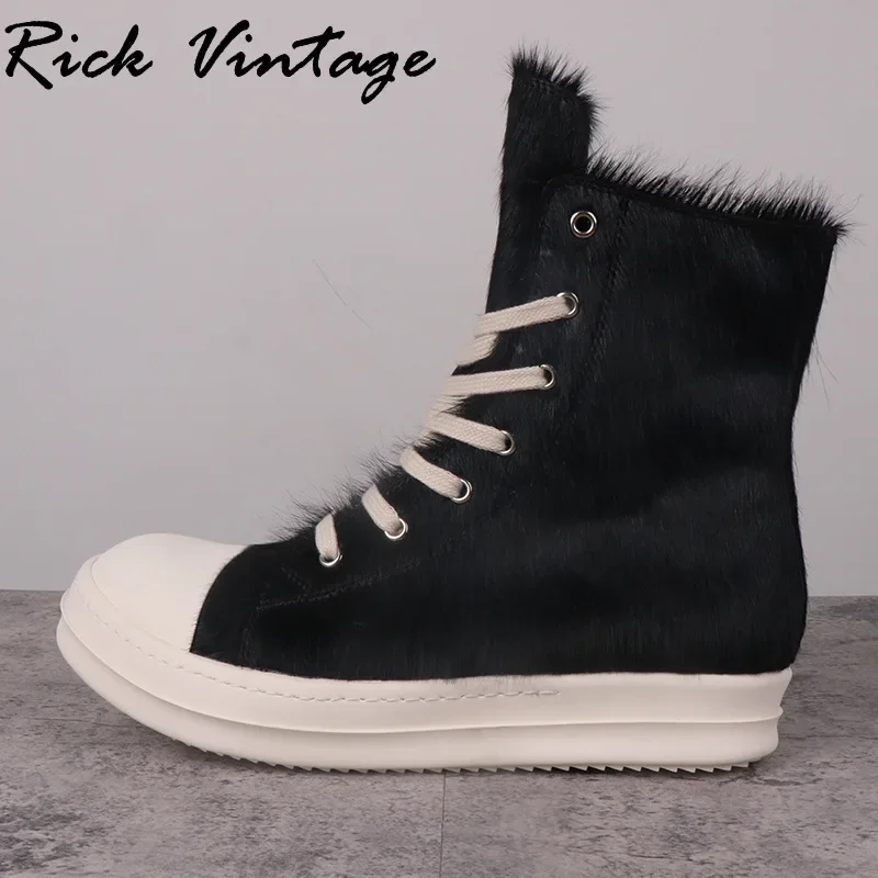 Rick Vintage High Top Shoes Women Leather Black Horse Fur Ro Owenss Thick Sole Increased Street Casual Sneakers Ankle Boots Men