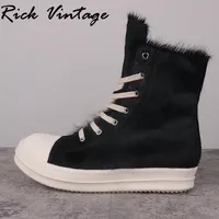 Rick Vintage High Top Shoes Women Leather Black Horse Fur Ro Owenss Thick Sole Increased Street Casual Sneakers Ankle Boots Men