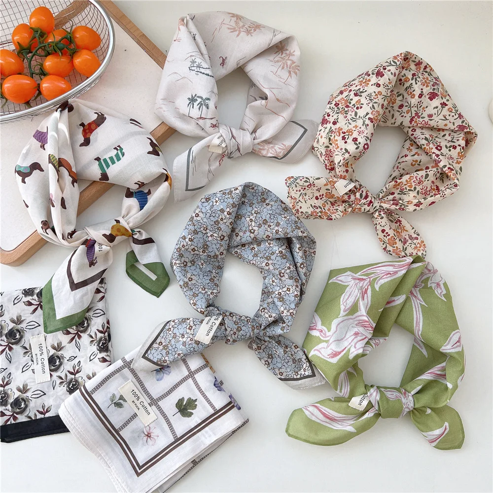 

55 см хлопковый шарф с цветочным принтом в виде животных, шейный платок, женские квадратные шарфы, платок, галстук для женщин, аксессуары для шеи