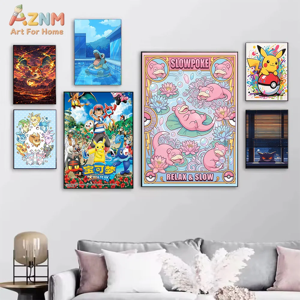 AZNM Pokemon Anime Canvas Painting Dragonite Pikachu Bulbasaur Slowpoke Eevee Evolutions Wall Art Print Home Decor No Frame