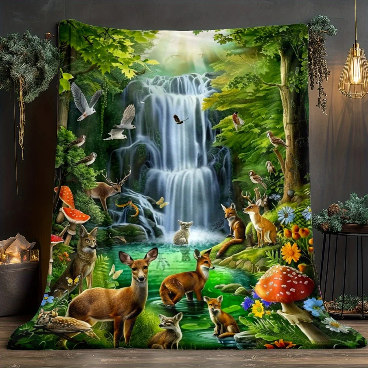 Custom Forest Blanket Waterfall Deer Fox Owl Mushroom Design Personalized Name Fleece Throw All Season Soft Warm Bedding Home