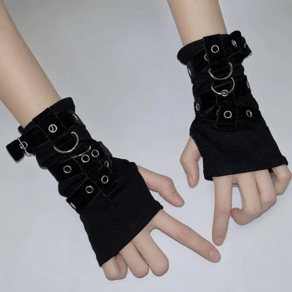 New Metal Rivet Fingerless Gloves Buckle Y2K Street Dance Sleeves Gothic Black Punk Style Sleeves Motorcycle Riding