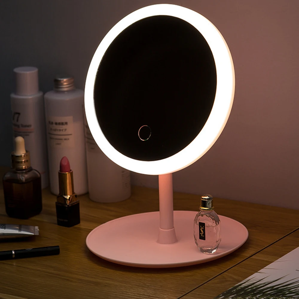 Espejo de maquillaje de belleza LED con lámpara de luz, espejo cosmético de escritorio con pantalla táctil, luz de tocador ajustable con carga USB