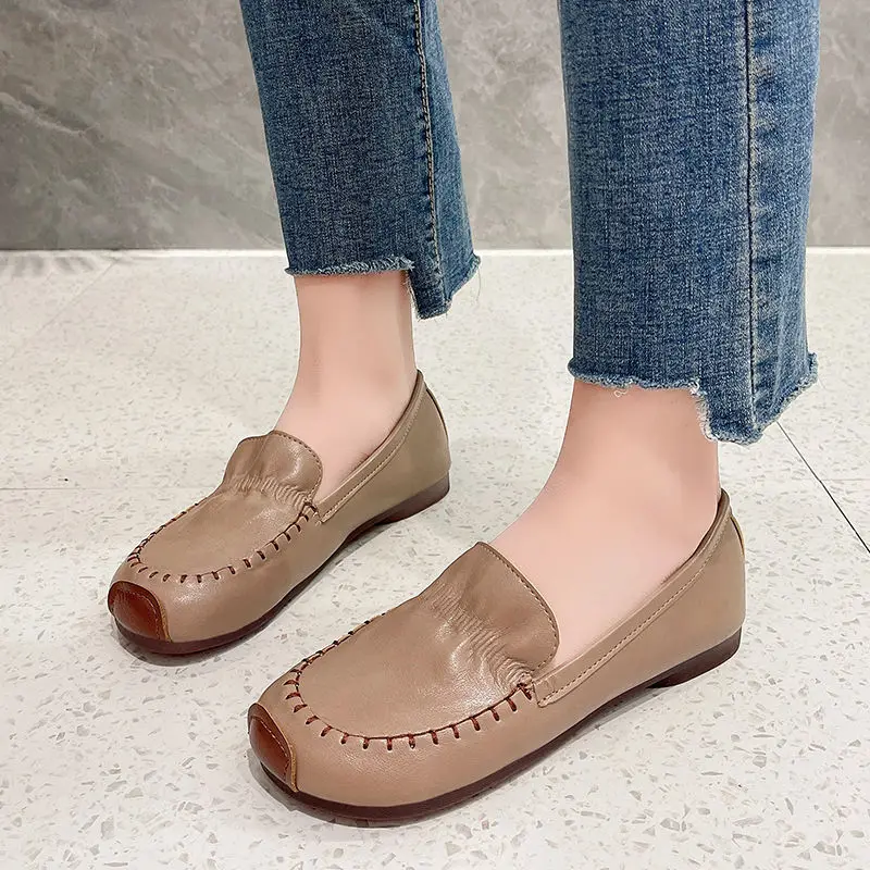 Shoes for Women Leather Flat Woman Footwear Round Toe Off White Loafers Vulcanized Free Shipping Promotion High Quality Urban 39