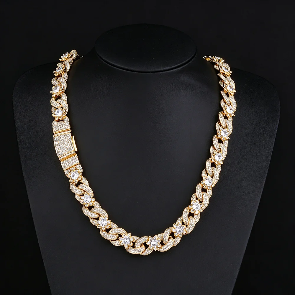 ESKEEM Full Iced Out Clear CZ Flower Infinite Cuban Chain Miami Thick Infinity Cuban Chain Necklace Hip Hop Jewelry for Men