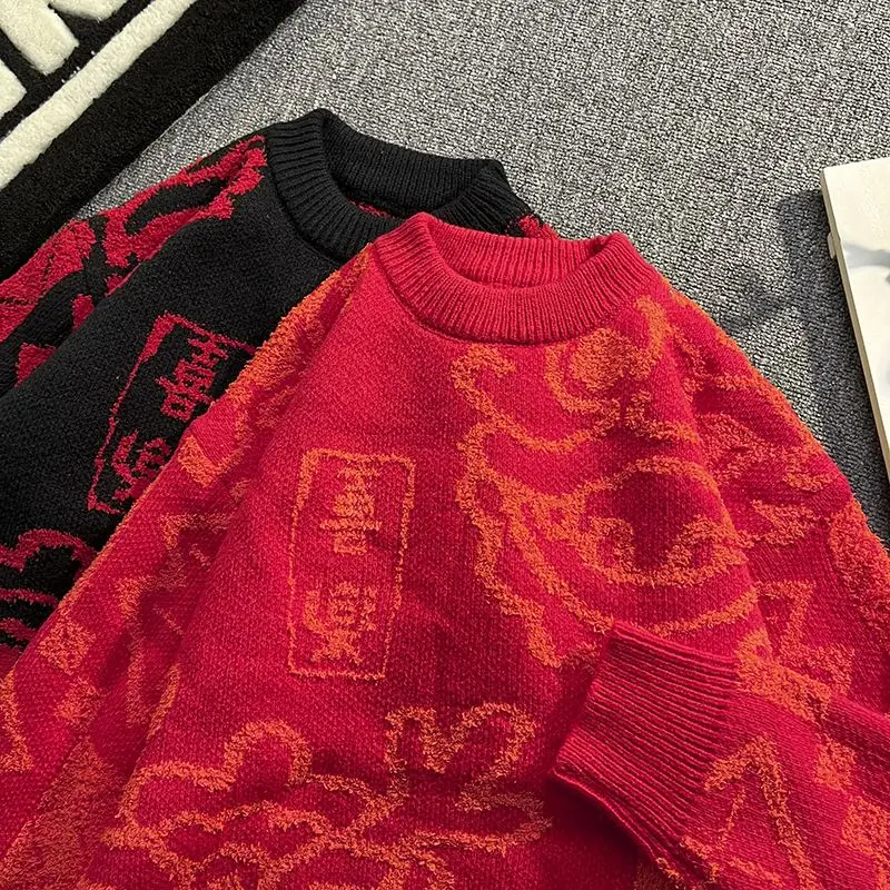 

Men's Knitted Sweater Thiened Soft Loose Fit Winter New Year Red Festive Long Sve round Ne Pullover Casual Knitwear