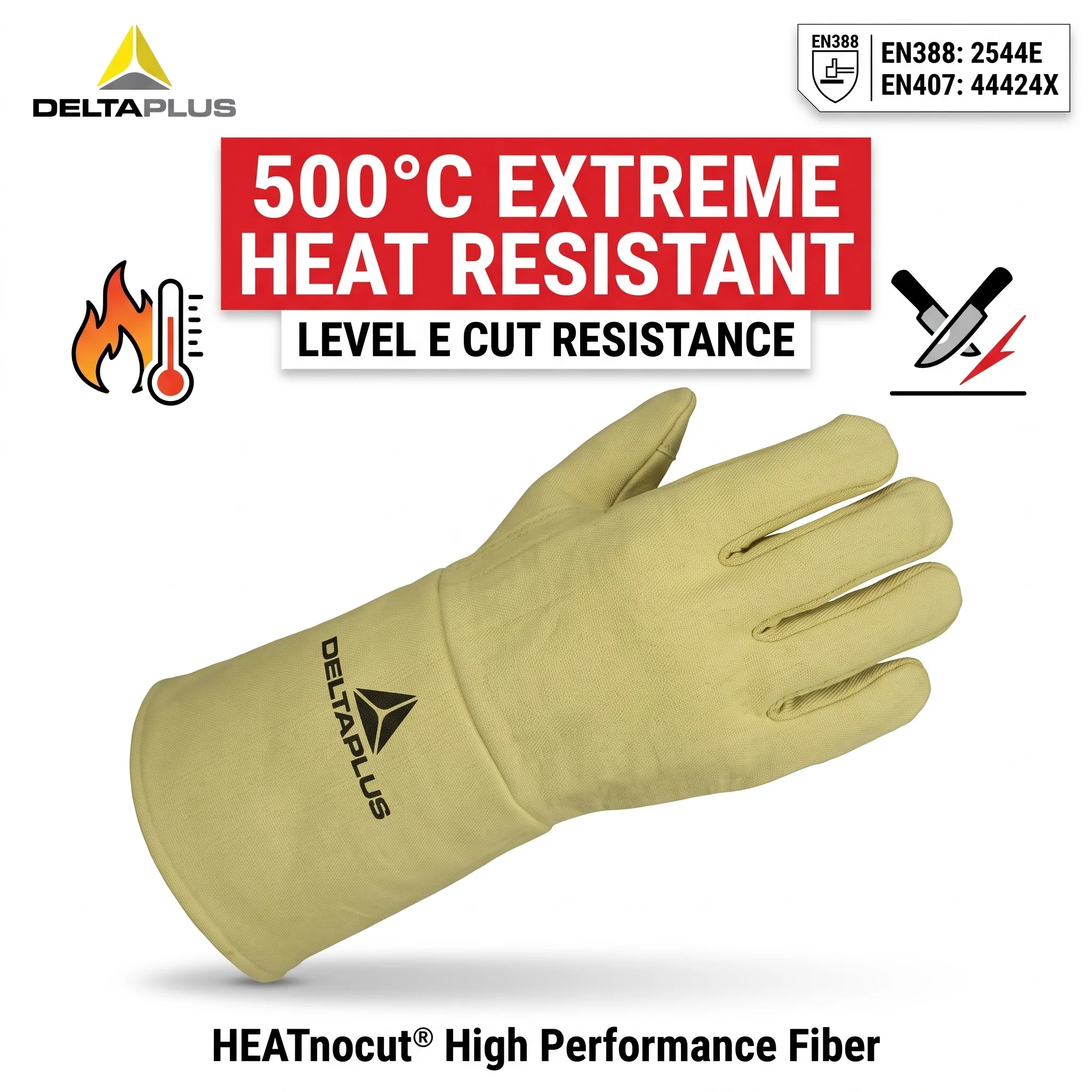 DELTAPLUS Heat Resistant Cut Proof Work Gloves 500℃ High Temp Heavy Duty Leather Welding Safety Gloves ANSI A9 Cut Resistant