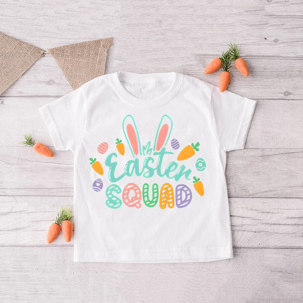 EASTER SQUAD Letter Print Child T-shirt Short Sleeve Crew Neck Tee Tops Casual Comfort Girls T Shirt Easter Day Best Gift To Kid