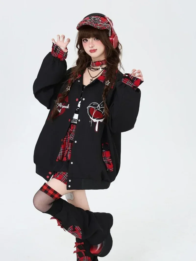 Autumn Winter Punk Harajuku Coats American Vintage All Match Casual Commuter Loose Jackets Constrast Color Japan Print Clothing