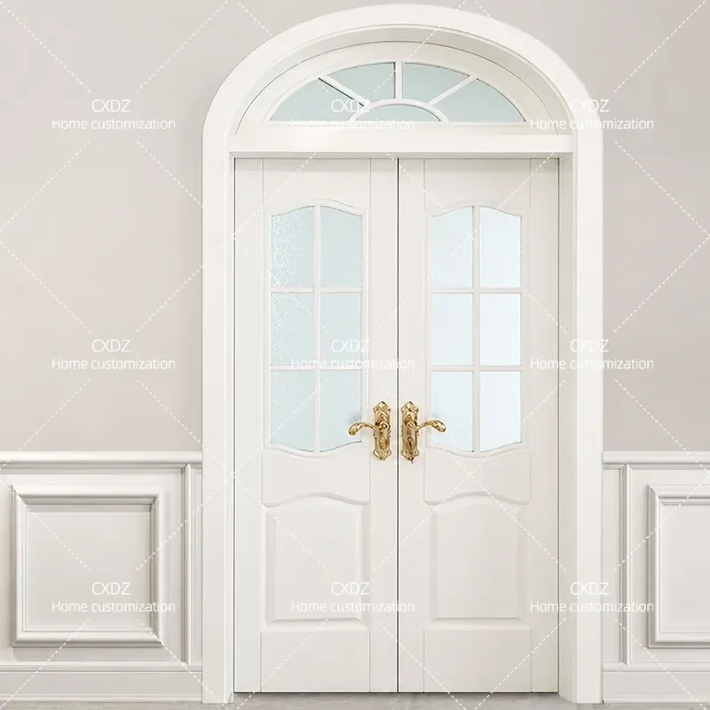White Simple Arc Arched Upper Bright Window Double Door Household Study Custom Paint with Glass Solid Wood Door