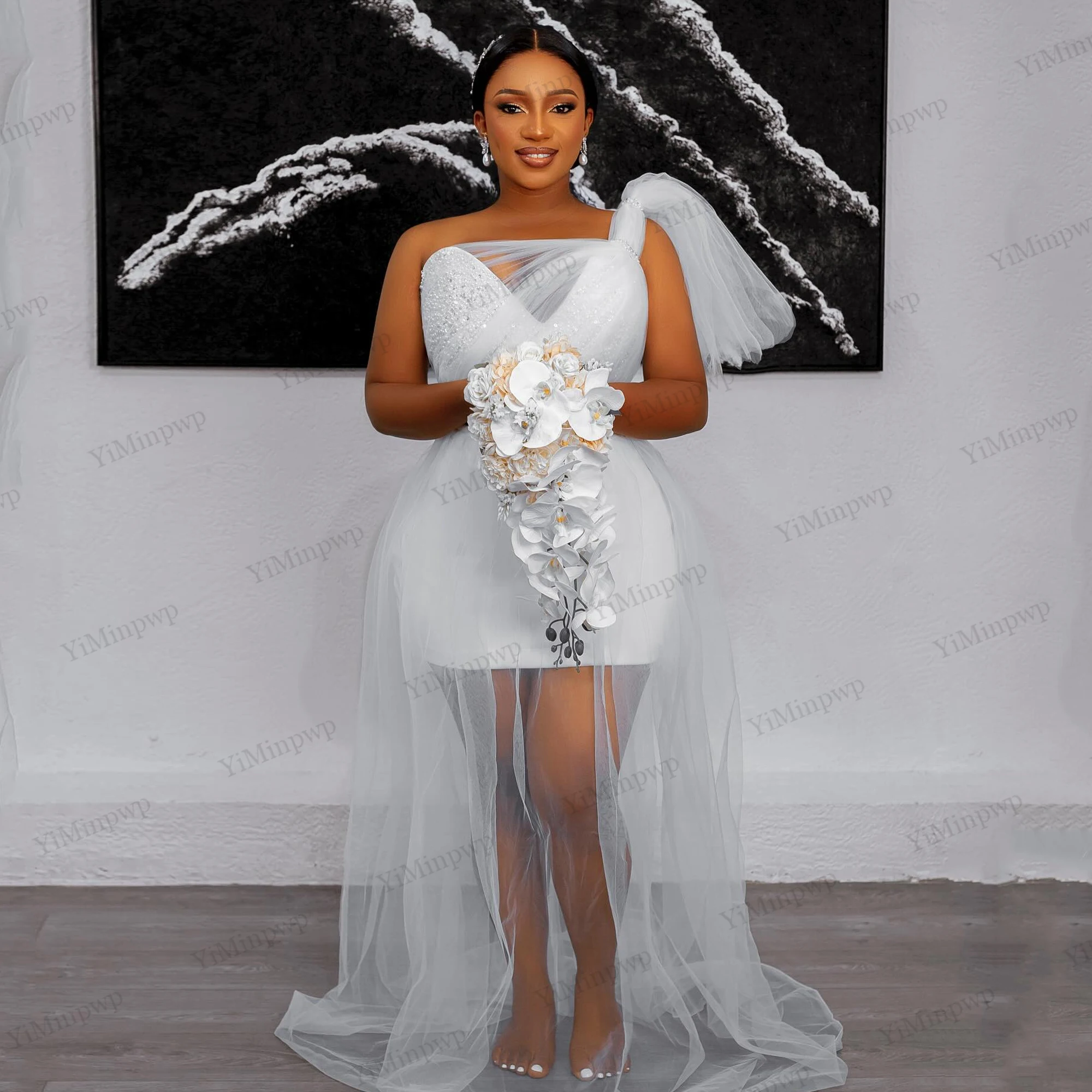 

One Shoulder Beaded Sequined Wedding Shower Dresses Sweetheart White Straight Aso Ebi Bride Gowns vestidos de novia Customized