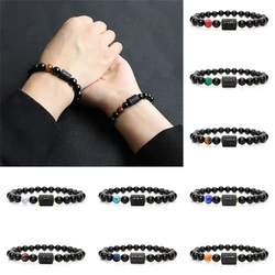 12 segno zodiacale braccialetto di ossidiana per donna uomo moda naturale agata nera pietra braccialetto di perline elastiche braccialetti gioielli di compleanno