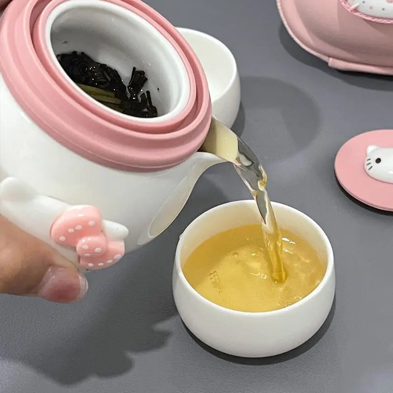 Hot Kawaii Ceramics Tea Set DIY Hello Kitty 3D stickers Cartoon Travel Portable Teapot Suit Cute Fashion Home Office Supplies