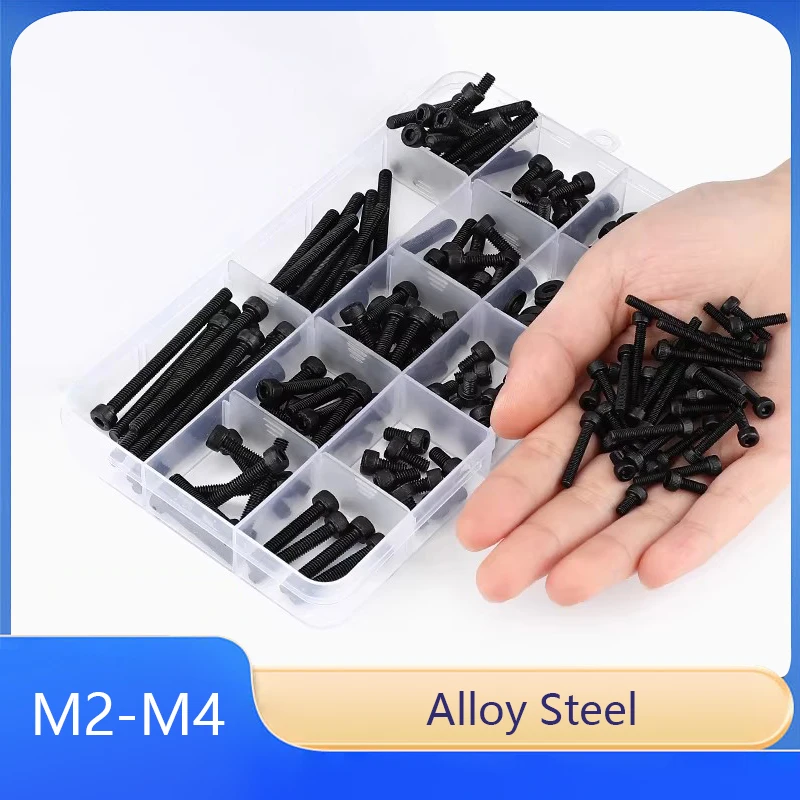 

Набор винтов с цилиндрической головкой и внутренним шестигранником из легированной стали марки 12.9, M2 M2.5 M3 M4, черные, с гайками и шайбами