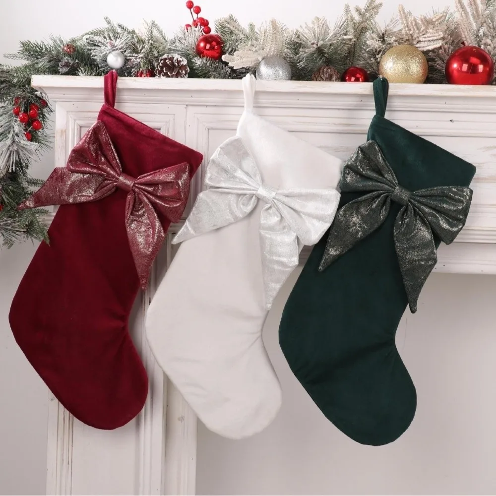 

Decorative Big Bow Christmas Stocking Velvet Candy Bag Christmas Pendant Fireplace Ornament Holiday Decor