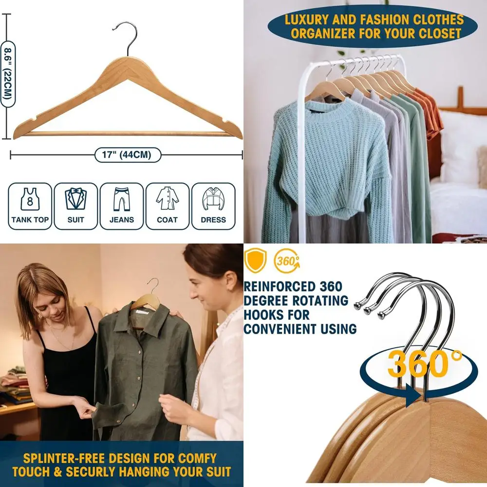 

Solid Wood Hangers 60-Pack with Pants Bar for Heavy Duty Coats, Jackets, and Pants - Natural Slim Design