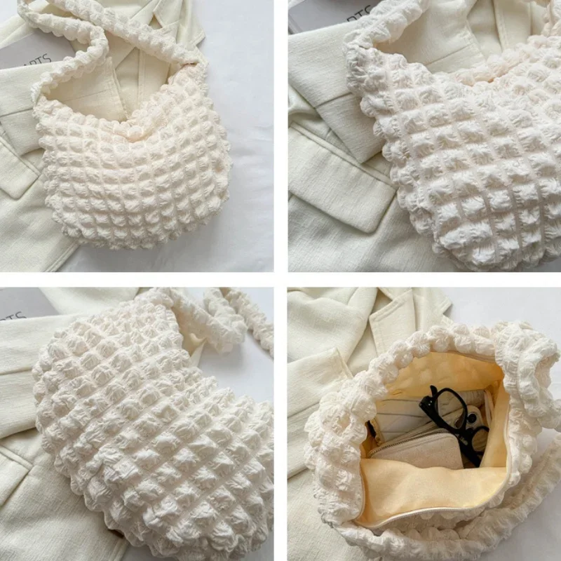 격자 무늬 퀼트 숄더 백 귀여운 주름 버블 대용량 겨드랑이 가방 수 놓은 솔리드 컬러 크로스 바디 백 여성