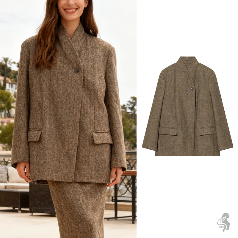 

Womens Blazer Herringbone Asymmetrical Stand Collar Blazer Elegant Vintage Versatile Suitable For Workplace And Daily Outfits