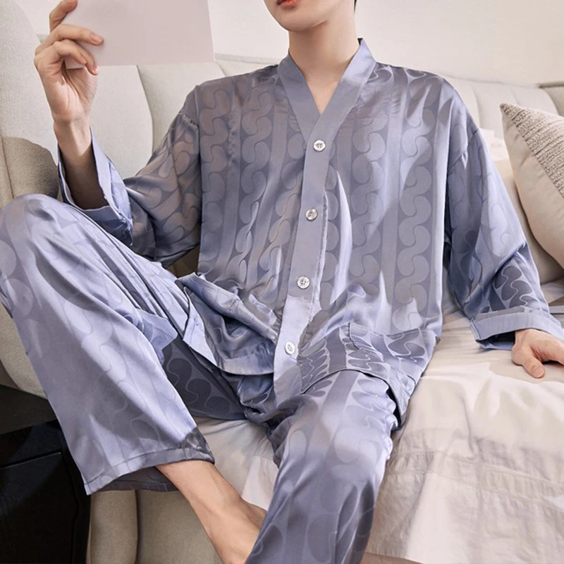 Conjunto de pijama de seda de hielo para hombre, ropa de dormir ligera de alta calidad, cárdigan de manga larga, ropa de casa de lujo, primavera y otoño