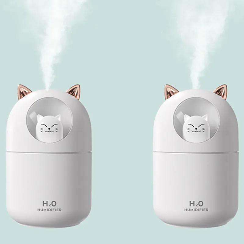 เครื่องทำความชื้นในขนาดเล็กแบบพกพาขนาด300มล. เครื่องทำละอองน้ำเย็นขนาดเล็กพร้อมไฟกลางคืนเครื่องพ่นไอน้ำ USB