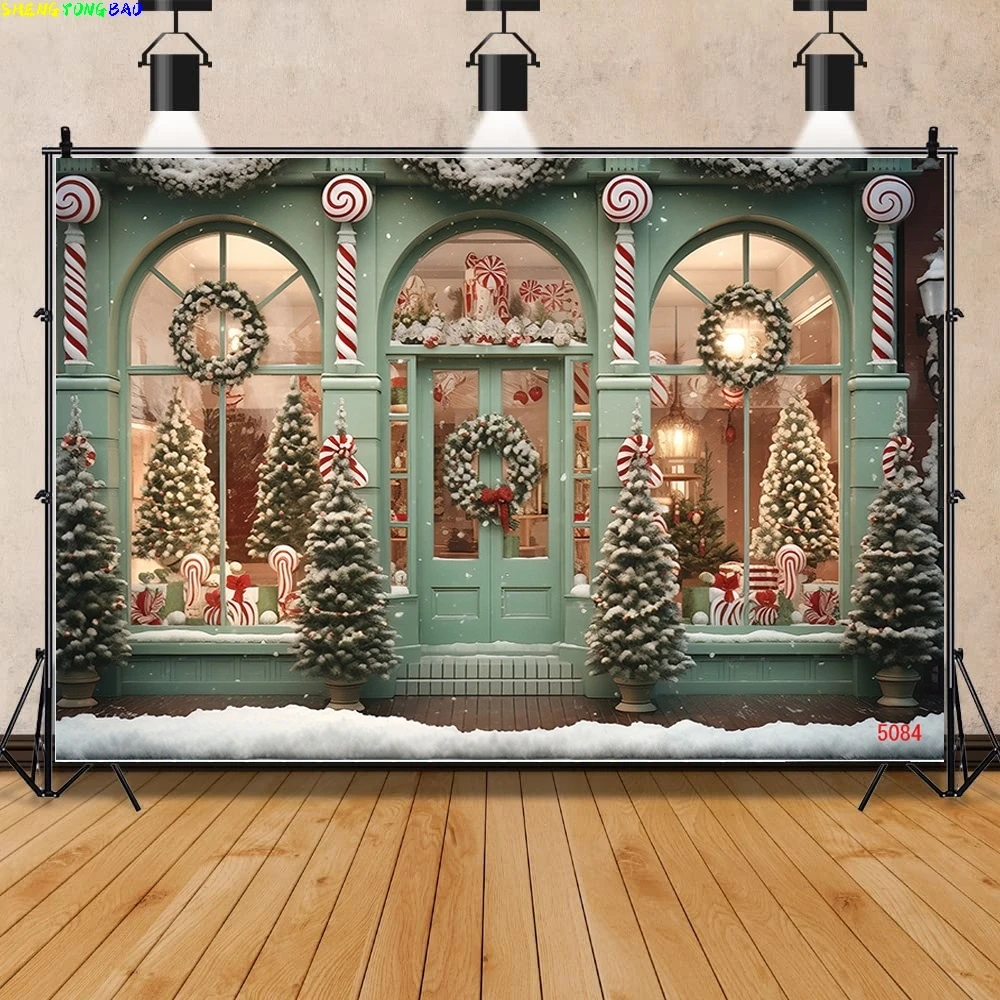 

Vinyl Custom Christmas Day Fireplace Photography Backdrops New Year Candy Chimneys Store Ball Window Studio Background WW-67