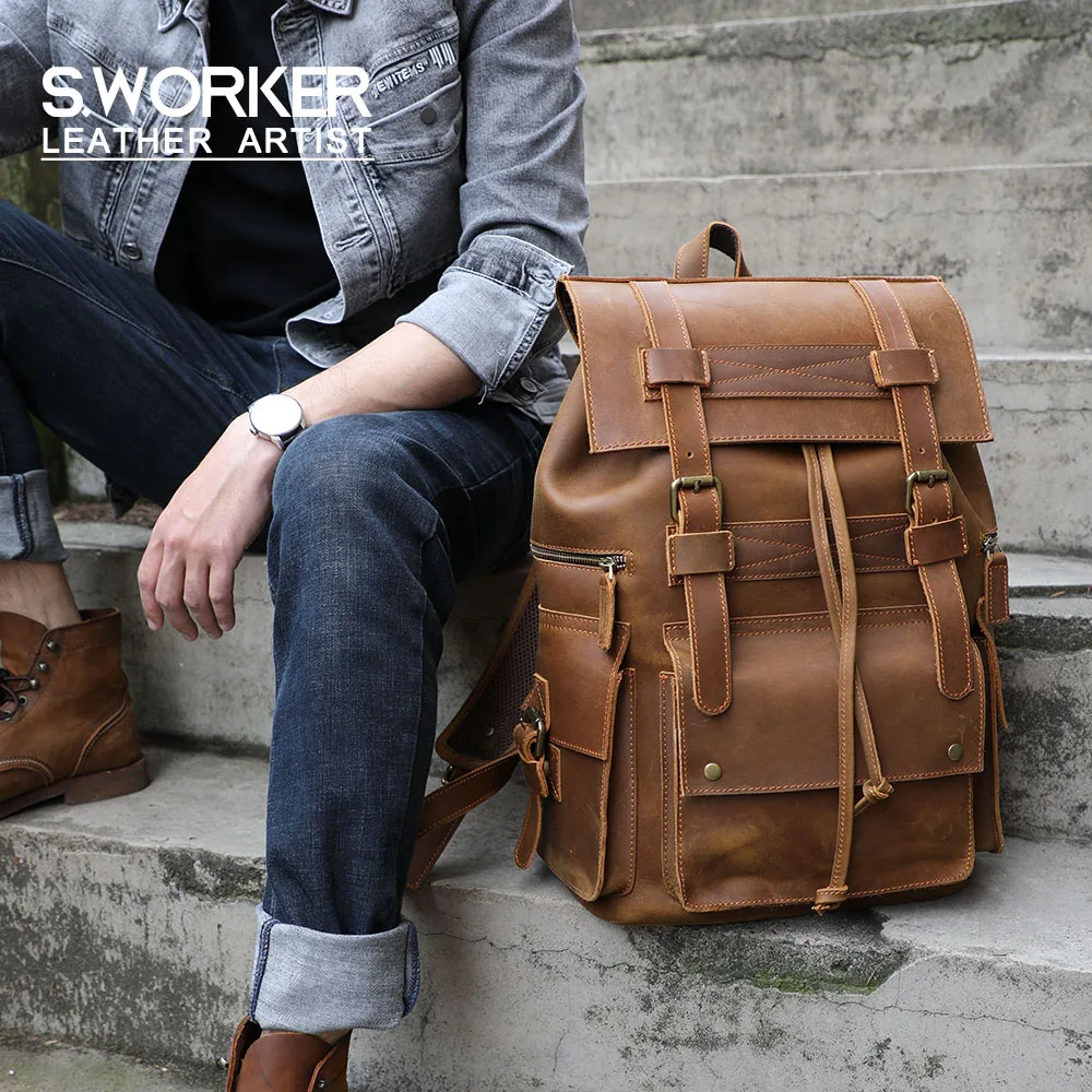 S.WORKER Vintage Echtleder Herrenrucksack Laptop-Tasche Casual Crazy-Horse Leder Schultasche Outdoor Reise-Weekender-Tasche – Detail 2