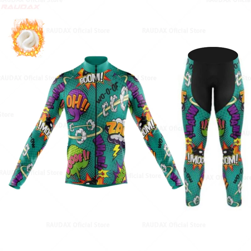 Comic Winter Fleece Cycling Jersey Sets Men's Long Sleeve Mountian Bicycle Clothes Wear Ropa Ciclismo Racing Bike Clothing Suit