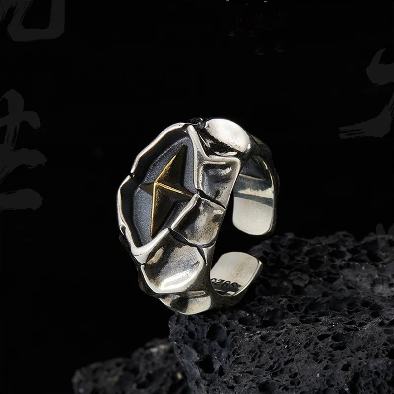 Anillo de Plata de Ley 925 para hombre, sortija con diseño de estrella clásica, piedra de grieta, joyería de talla abierta, a la moda