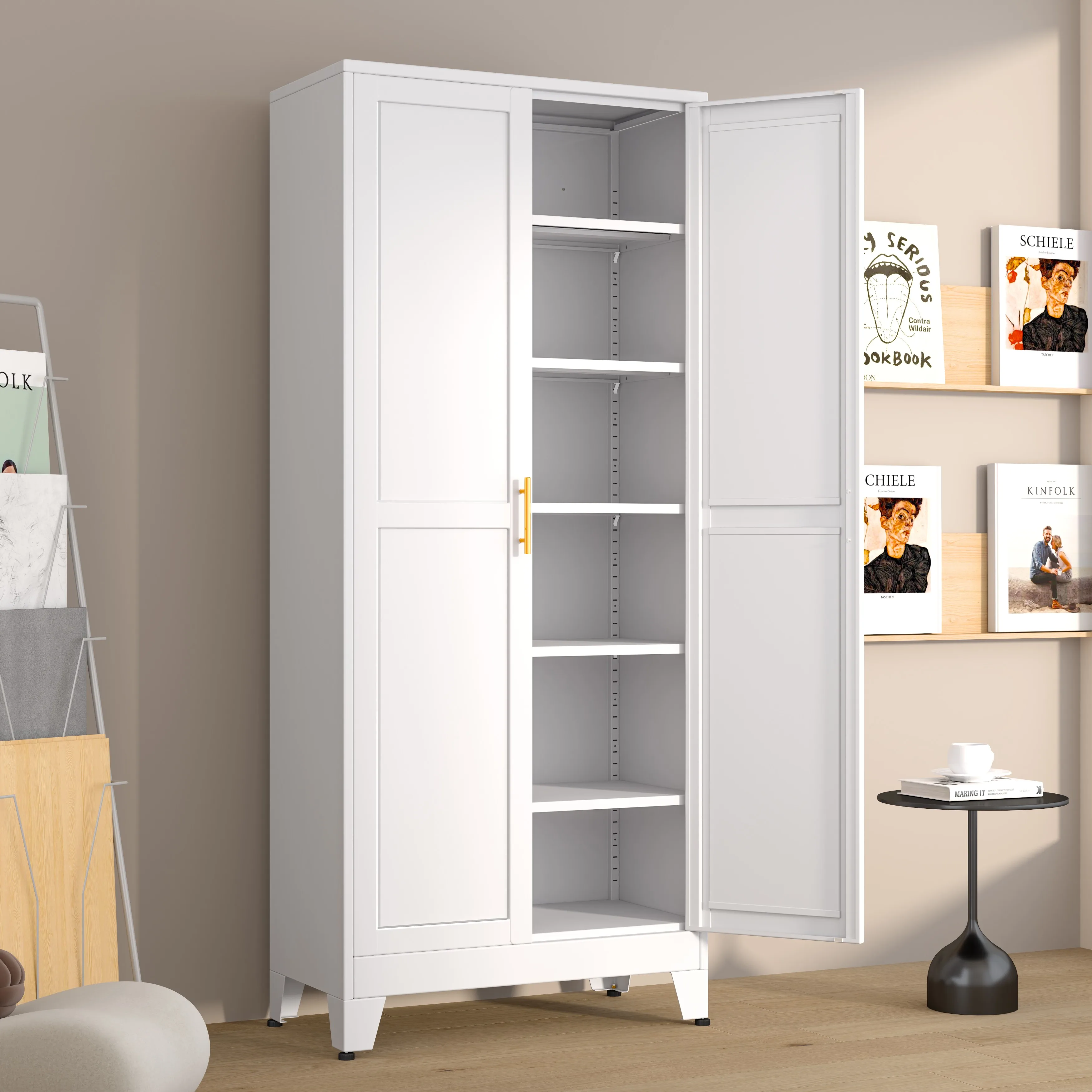 75.2-inch high metal cabinet, kitchen cabinet with 2 doors and 5 adjustable shelves. Can be used for dining rooms, living rooms,