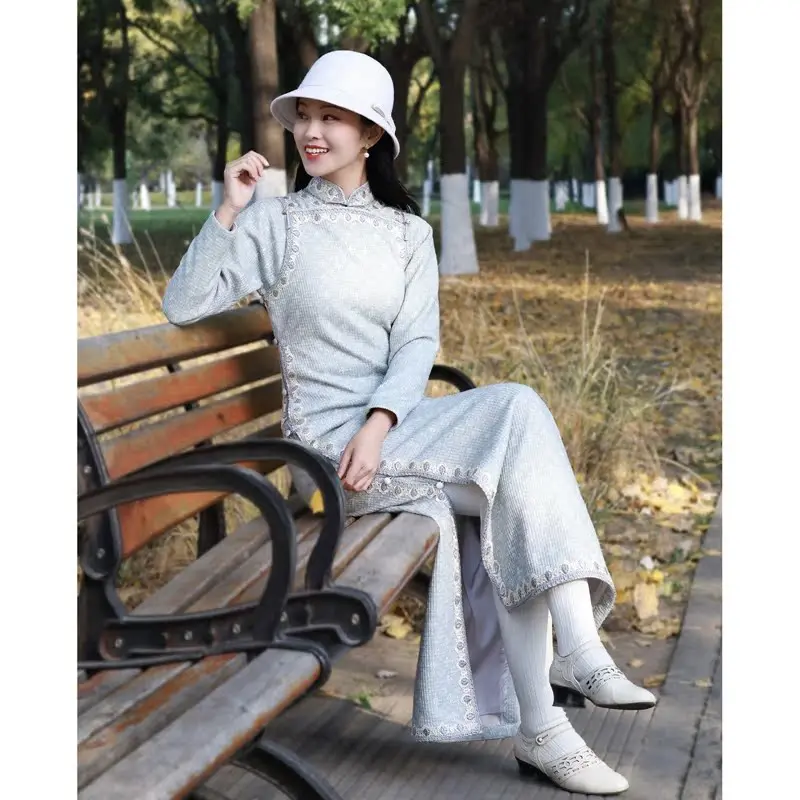 

Шикарное классическое теплое платье-ципао с длинными рукавами и завышенной талией, синее, для повседневного использования, в китайском стиле, от Zuo Liang