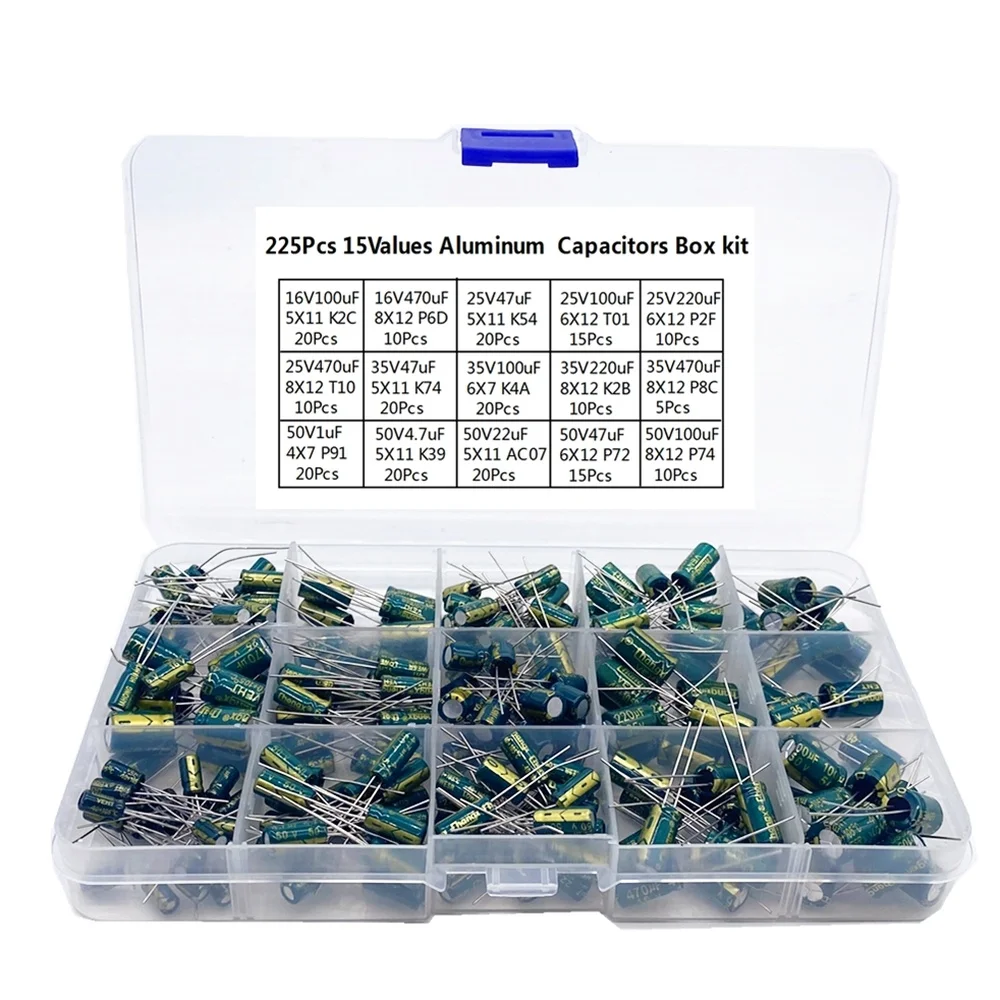 

225Pcs/Box Capacitor Kit Aluminum Electrolytic Capacitors Set 15Values 16V-50V 1uF-470uF Assorted Kit Storage Low ESR