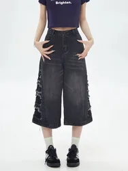 Ripped Wide-leg Straight Denim Shorts For Women Summer High Street Trend Beggar Pants Niche Design Five-point Mid-length Pants