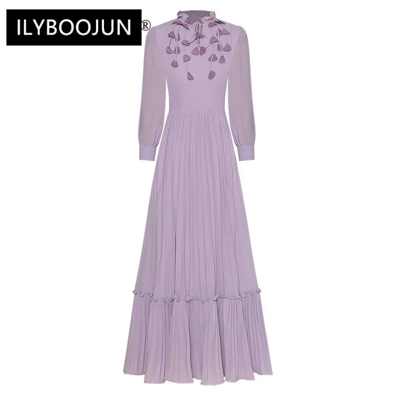 

Purple Elegant Party Dress Stand Neck Frenulum Appliques Ruffles High Waist Slim Long Dresses For Women 2023 Luxury Brand High