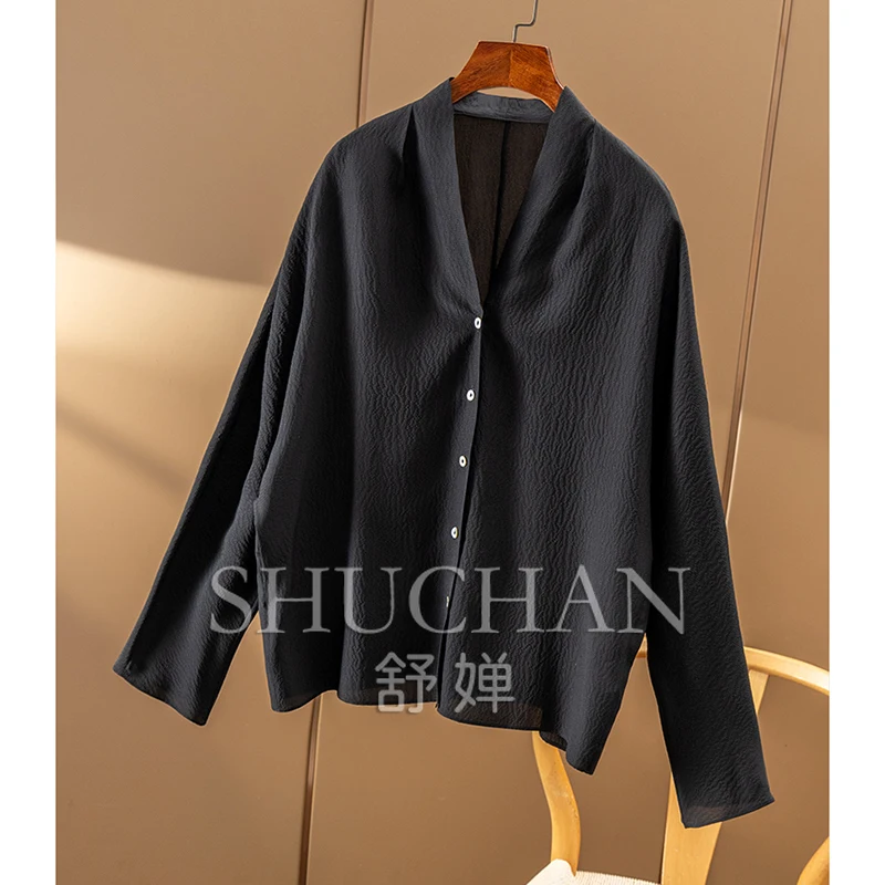 Light Luxury Style Simple Commuting Silk Pearl Crepe V-neck Long-sleeved Shirt Women 32A2 Thin Summer
