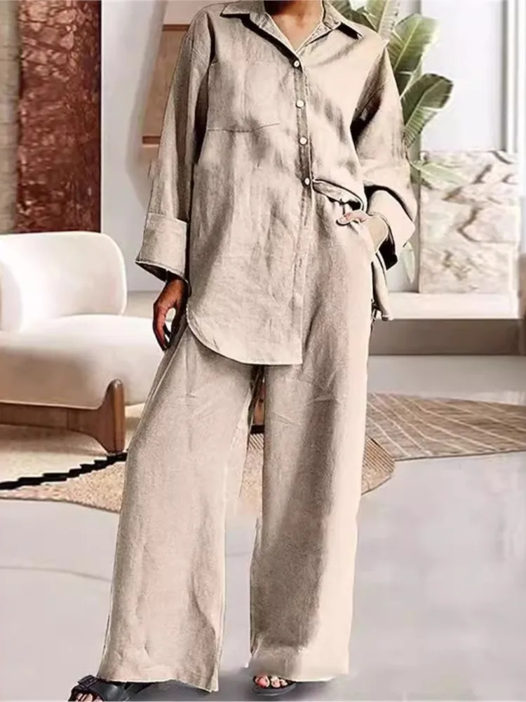 Fashion Cotton Linen Loose Long Sleeved Shirt Women Suit Spring Autumn New Casual Pocket Straight Pants Office 2piece Set Female