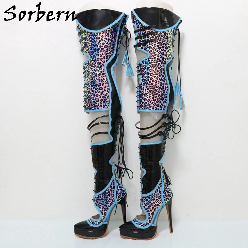 Sorbern Customized Cro Thigh Boots Women Pointed Toe Platform  High Heel Stilettos Leopard Shiny Hot Pink Fetish Shoes Lace Up