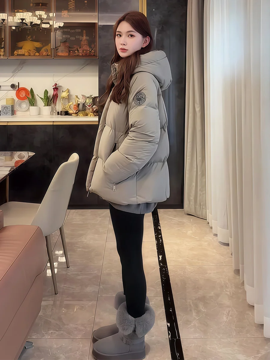 Jaqueta Feminina com Capuz, Estilo Coreano, Ajuste Solto, Casaco Quente de Comprimento Médio, Gola Alta, Roupa de Inverno